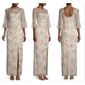 Aidan Mattox Fully Beaded Column 3/4 sleeve Gown In Champagne US 4 $495